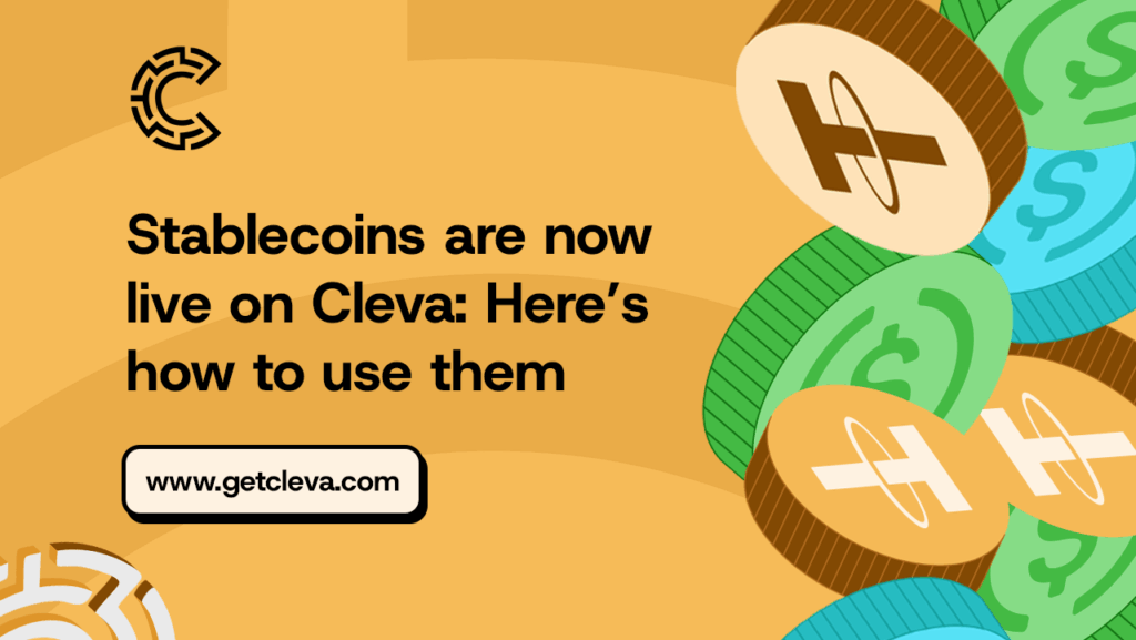 An image that shows stablecoins icons with a text that says "Stablecoins are now live on Cleva: Here's how to use them."