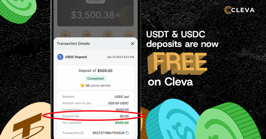 An image showing Cleva's app homepage where it states that USDT & USDC deposits are now free on the Cleva app