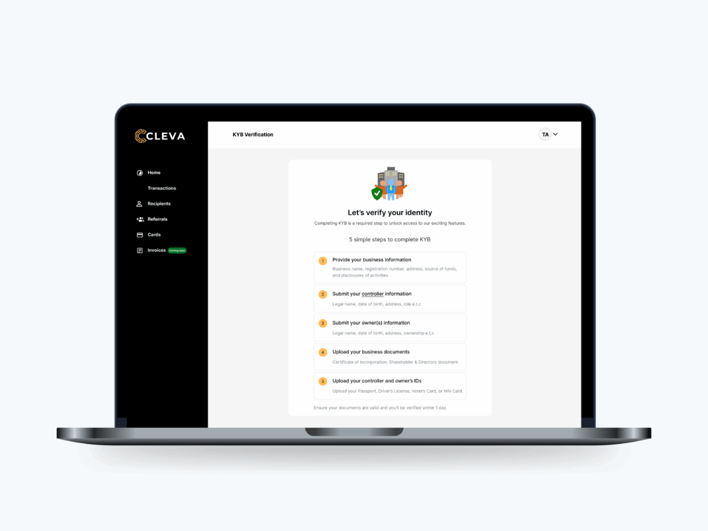 A mockup web design showing how to verify your identity as a business that wants to sign up on Cleva.
