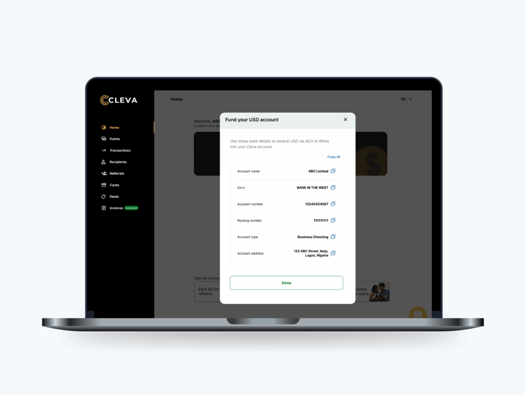 A mockup web design showing the account details of a Cleva Business USD Account.