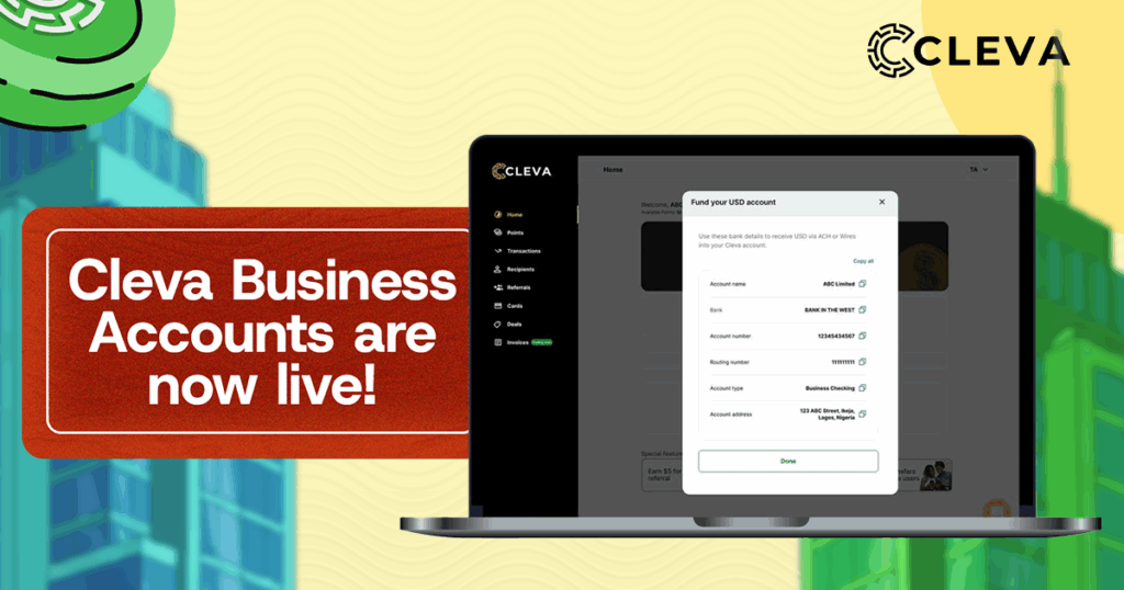A design announcing that Cleva Business Accounts is now live