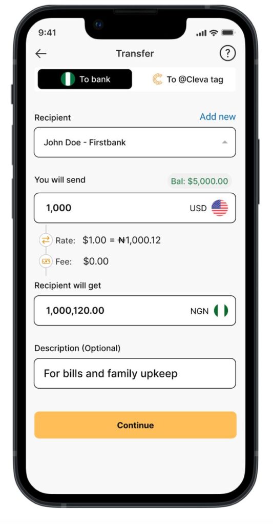 A screen on the Cleva app showing how to convert dollars to naira